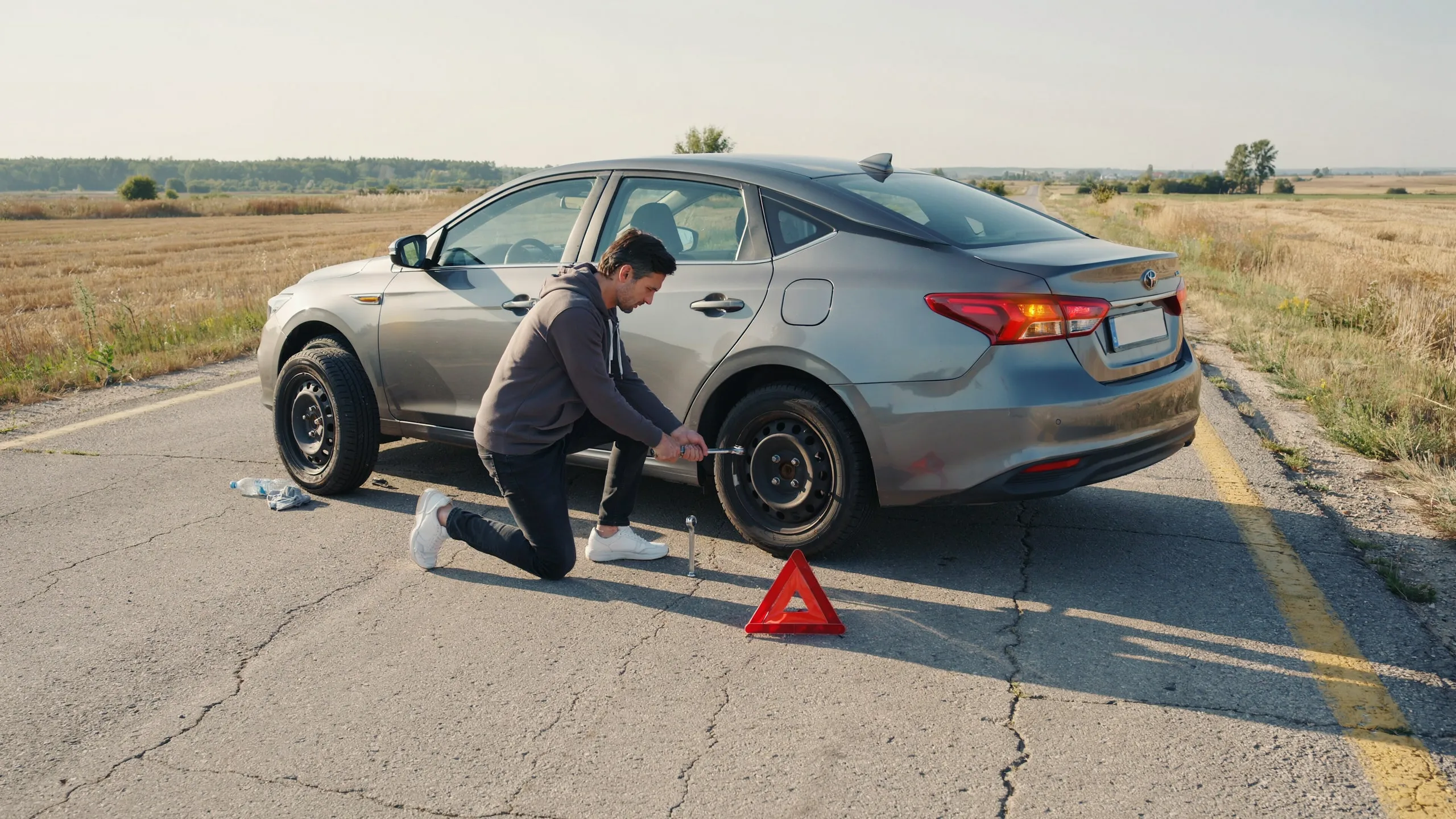 Step-by-step guide showing how to change a flat tire safely on the roadside using a jack and lug wrench